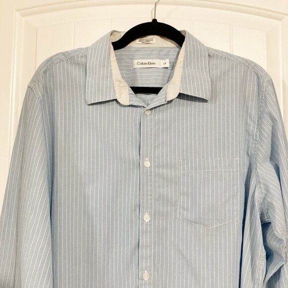 CALVIN KLEIN Men's blue vertical striped button-down shirt ~ LARGE button-down - Picture 2 of 12